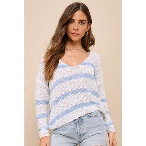 Lulus Relaxed Essence White And Blue Striped Loose Knit Sweater Top - Size S